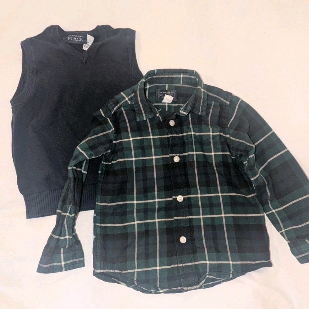 The Children's Place Black Vest and Green Plaid Shirt Set